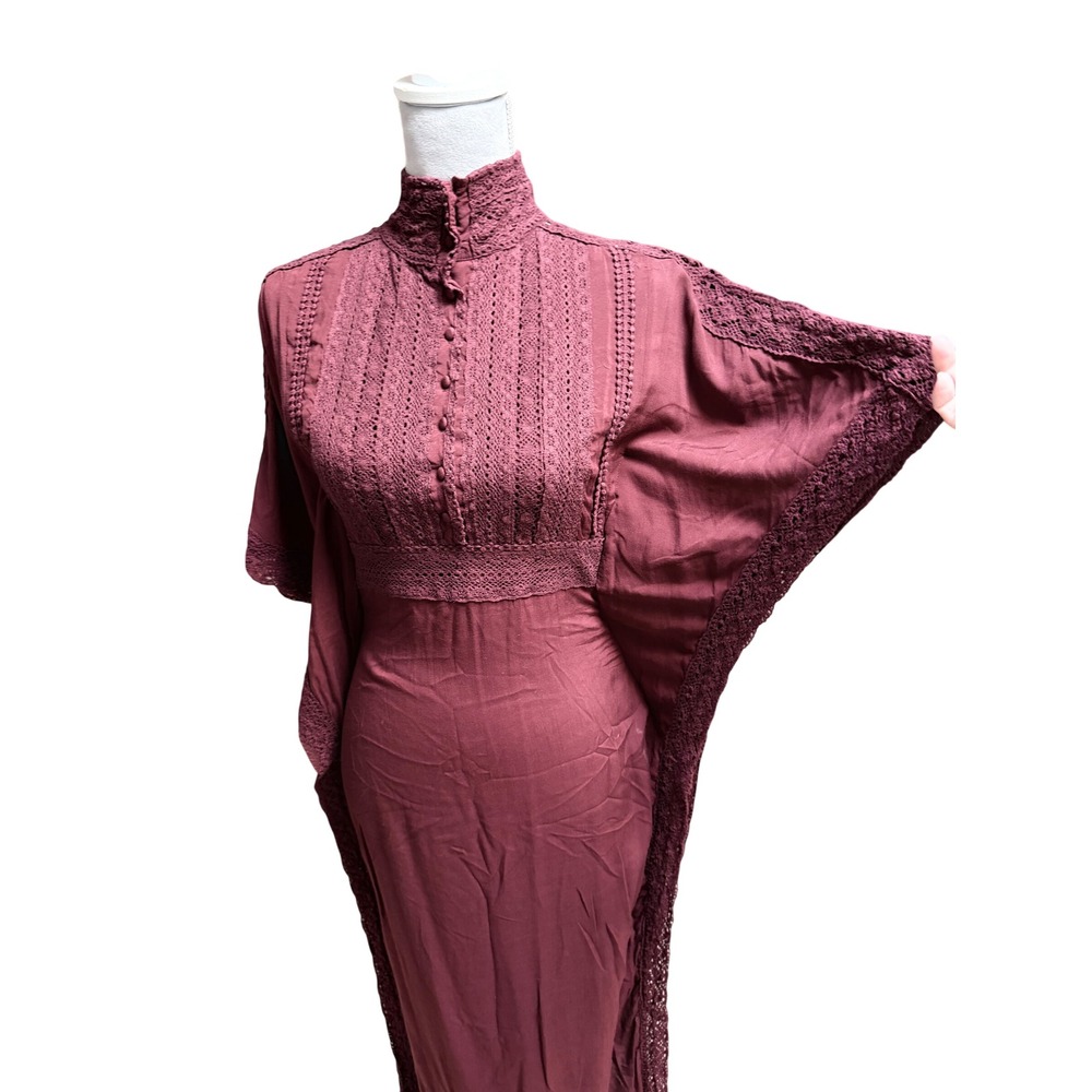 Nasty Gal Maxi Dress XS Burgundy Crochet Lace Butterfly Sleeve Open Back - Picture 2 of 8